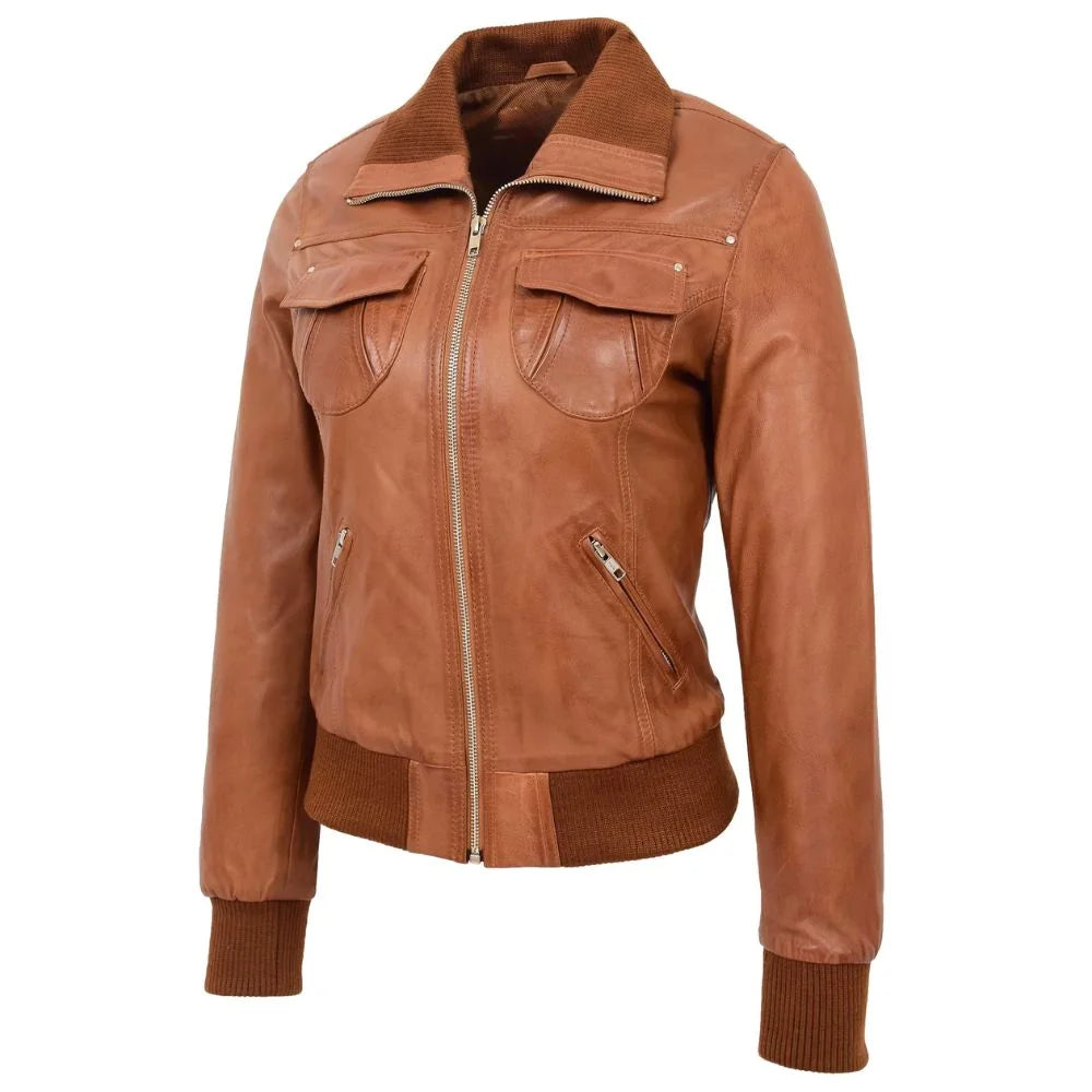 Women Tan Brown Leather Bomber Jacket