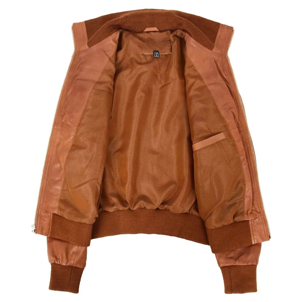 Women Tan Brown Leather Bomber Jacket