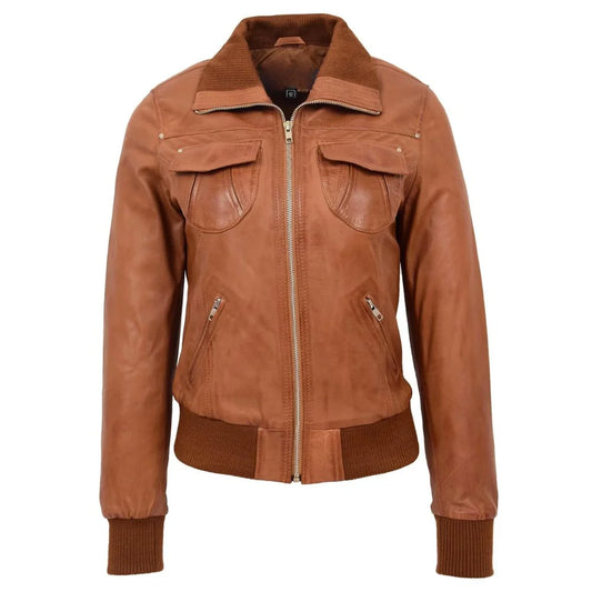 Women Tan Brown Leather Bomber Jacket
