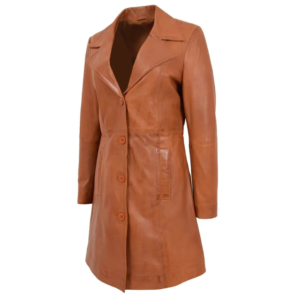 Women Tan Leather Long Coat