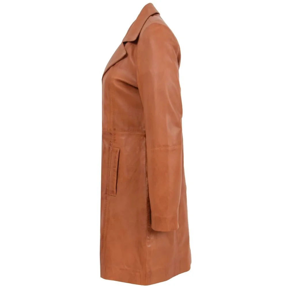 Women Tan Leather Long Coat