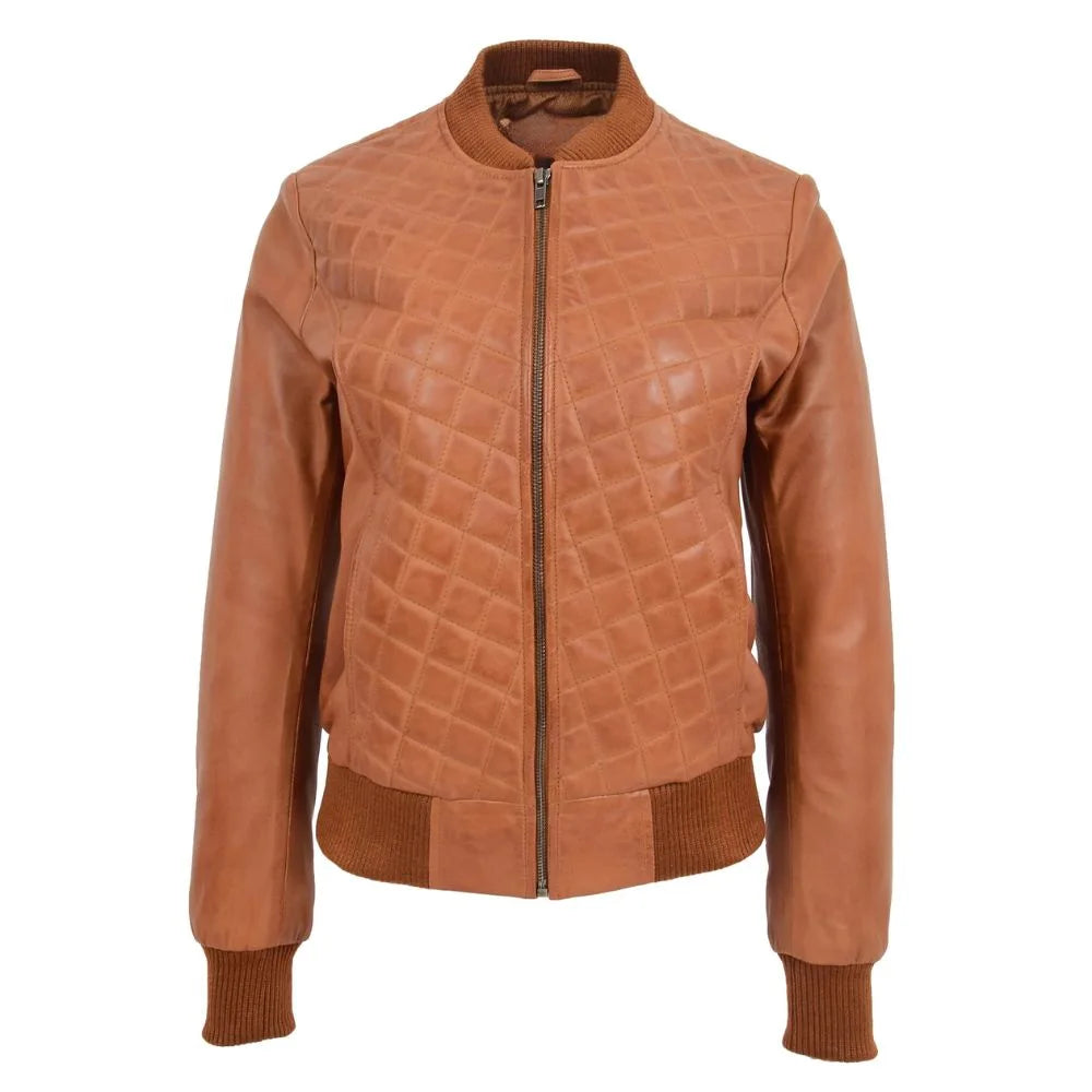 Women Tan Quilted Leather Bomber Jacket