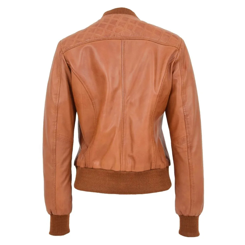 Women Tan Quilted Leather Bomber Jacket