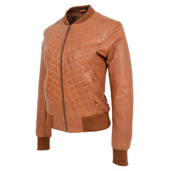 Women Tan Quilted Leather Bomber Jacket