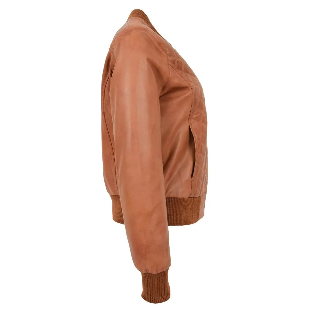 Women Tan Quilted Leather Bomber Jacket