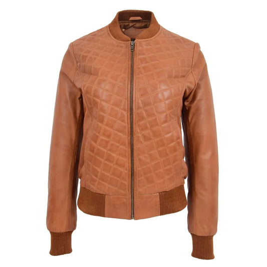 Women Tan Quilted Leather Bomber Jacket