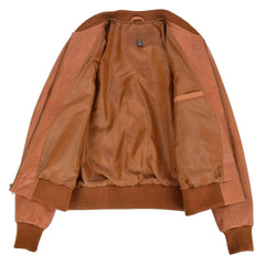 Women Tan Quilted Leather Bomber Jacket