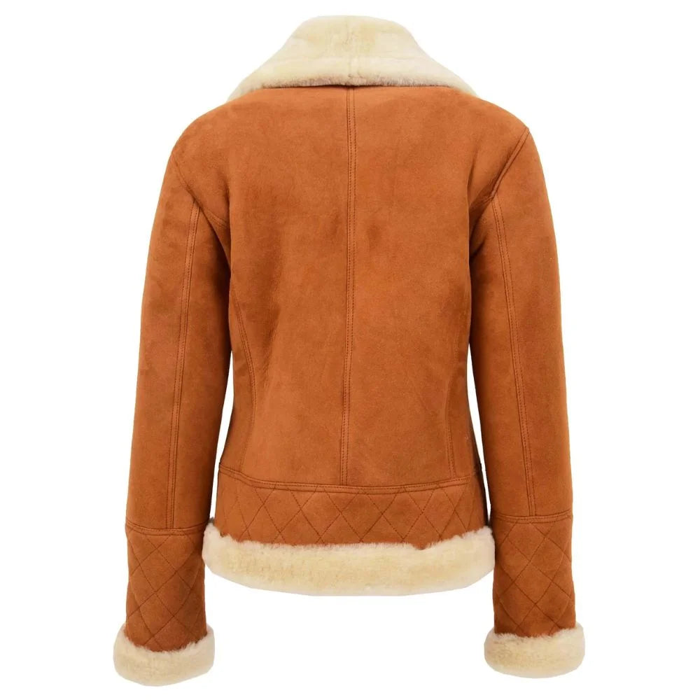 Women Tan Suede Shearling Bomber Jacket