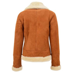 Women Tan Suede Shearling Bomber Jacket
