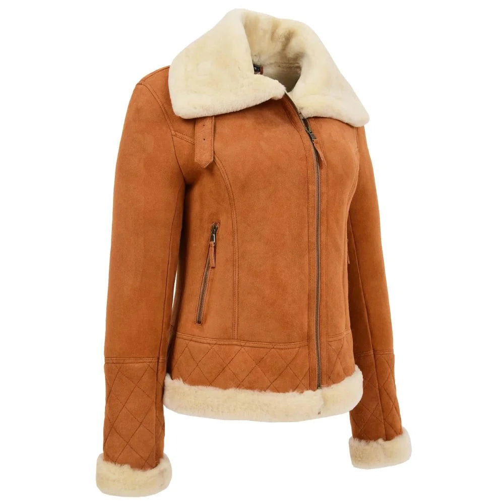 Women Tan Suede Shearling Bomber Jacket