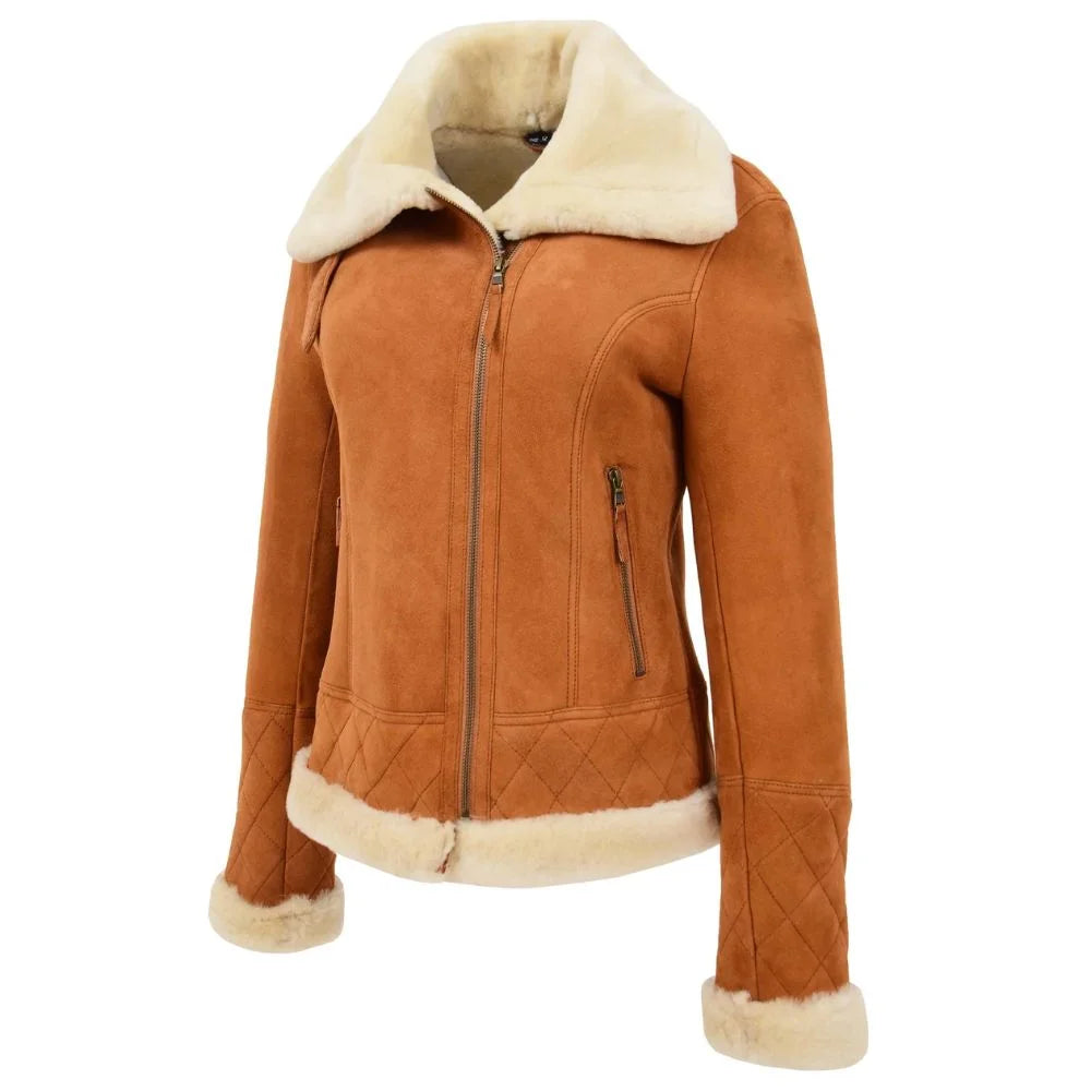 Women Tan Suede Shearling Bomber Jacket