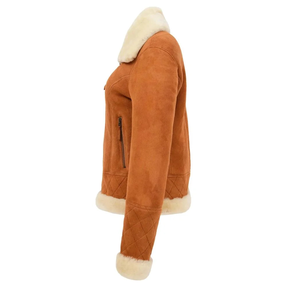 Women Tan Suede Shearling Bomber Jacket