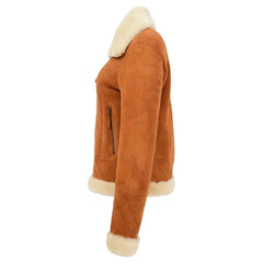 Women Tan Suede Shearling Bomber Jacket