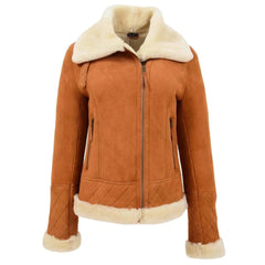 Women Tan Suede Shearling Bomber Jacket