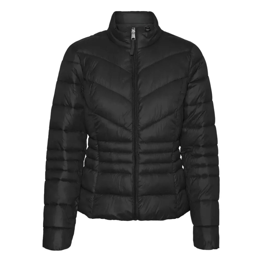 Women Black Puffer Jacket with Quilted Design
