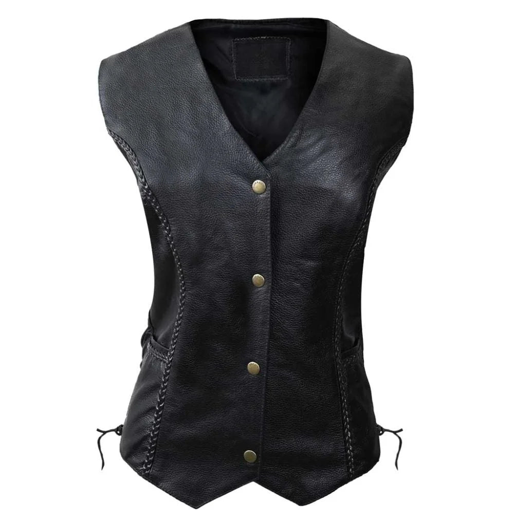 Women Classic Black Leather Vest