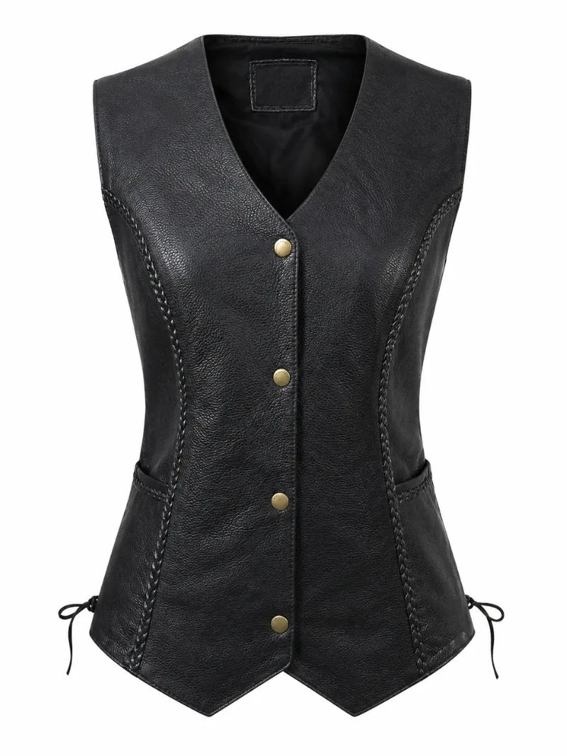 Women's Classic Black Leather Vest, front view