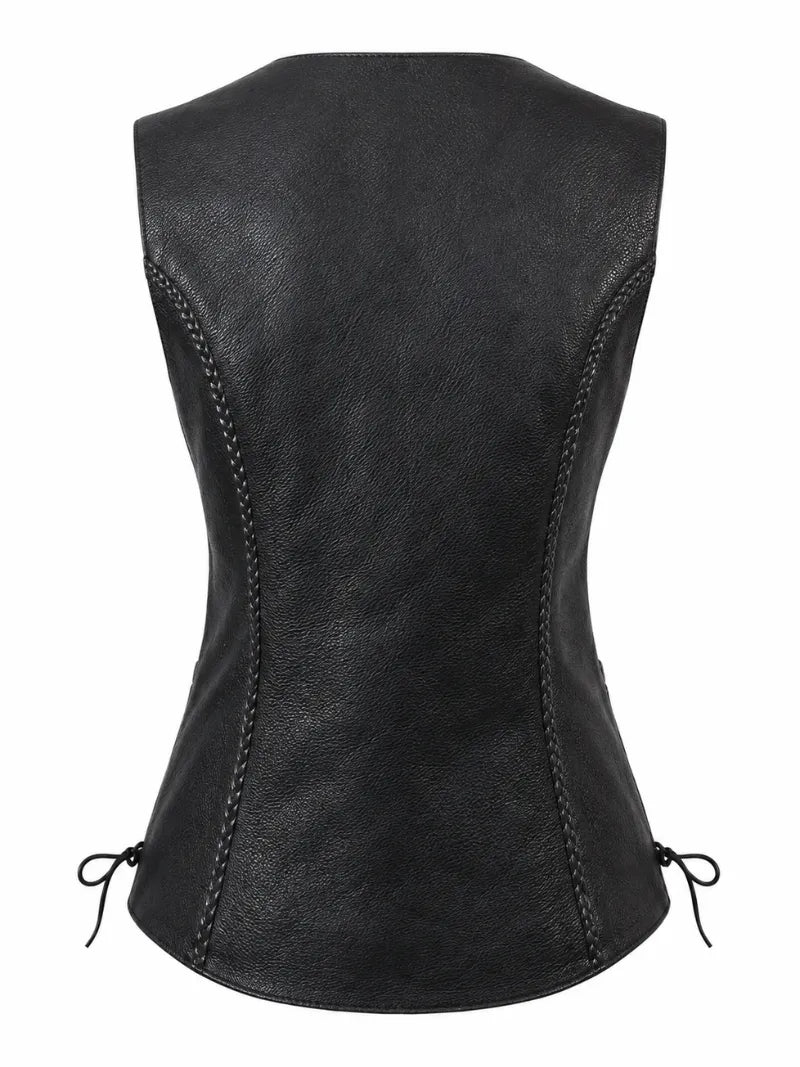 Women's Classic Black Leather Vest, back view
