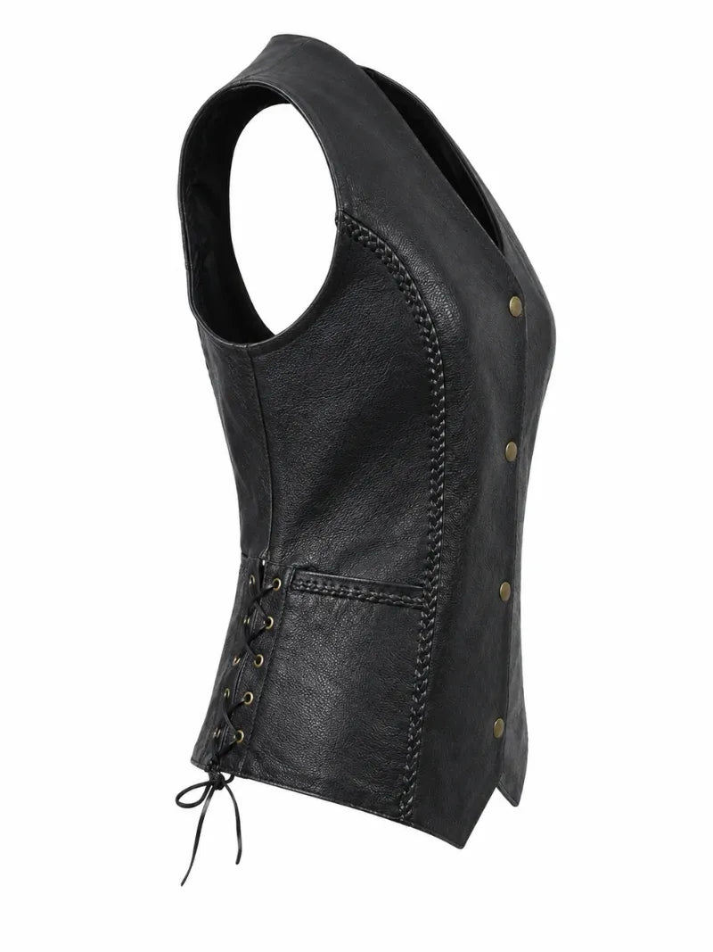 Women's Classic Black Leather Vest, side view