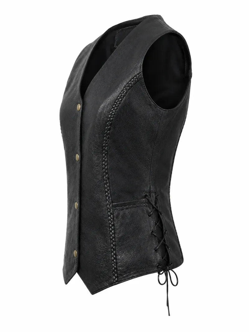 Women's Classic Black Leather Vest, collar detail