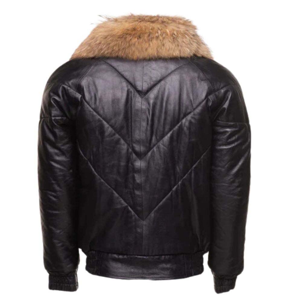 Women Handmade V-Bomber Style Puffer Leather Jacket With Fur Collar