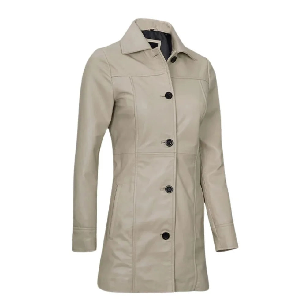Women Long Beige Leather Coat