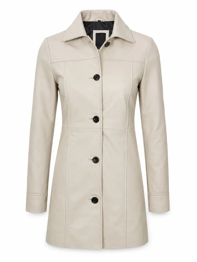 Women Long Beige Leather Coat Front 