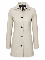 Women Long Beige Leather Coat Front 