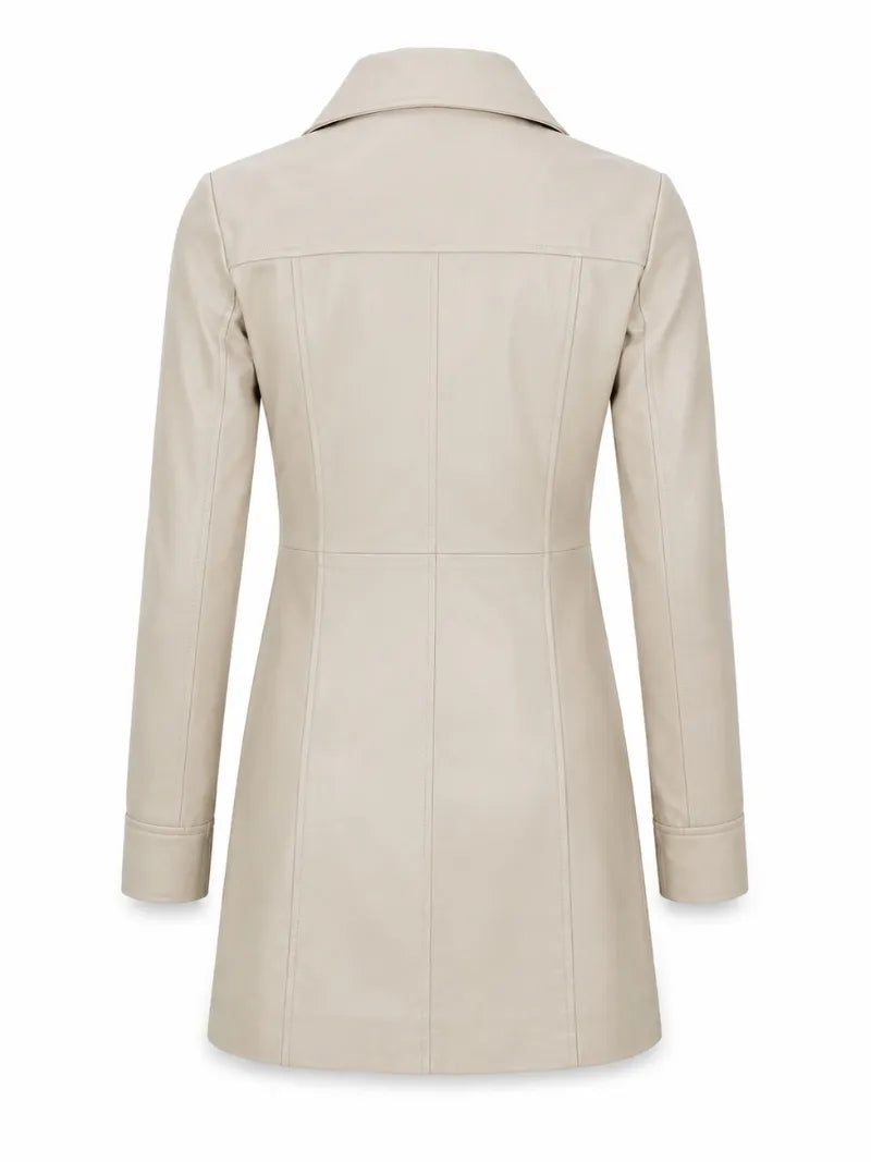 Women Long Beige Leather Coat Back 