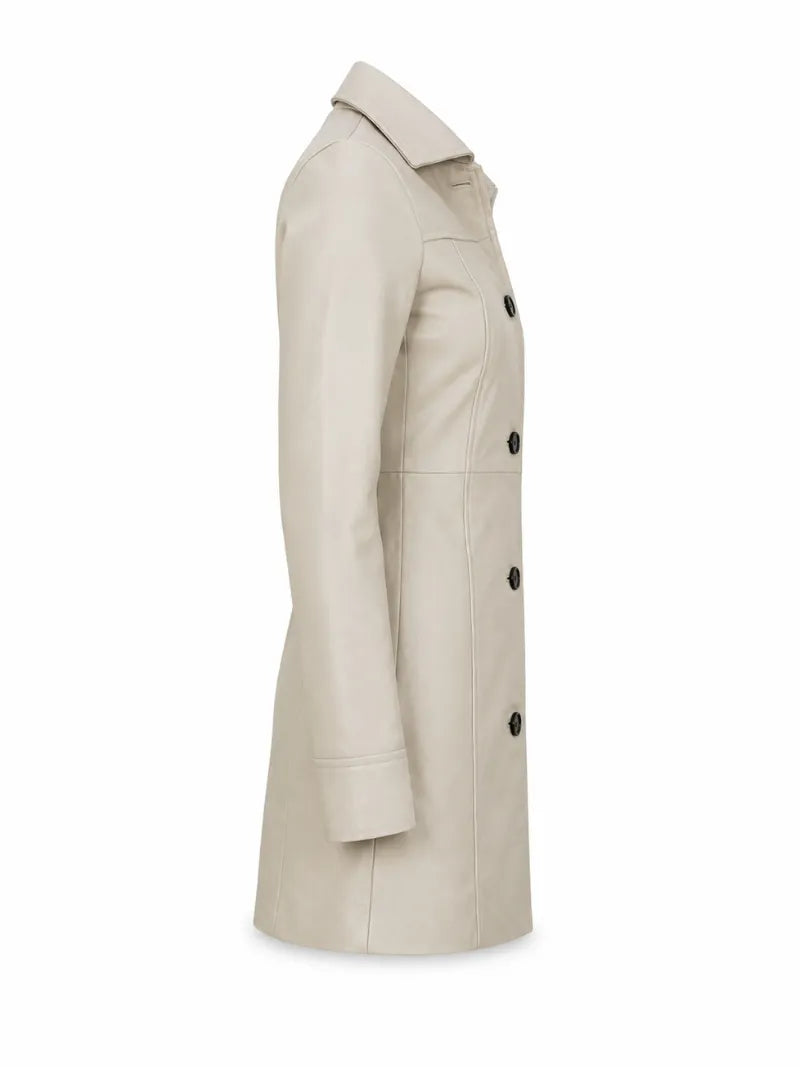 Women Long Beige Leather Coat Right