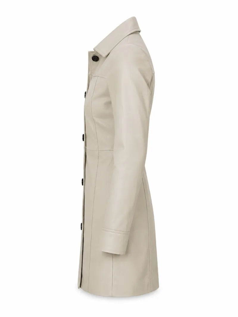 Women Long Beige Leather Coat Left 