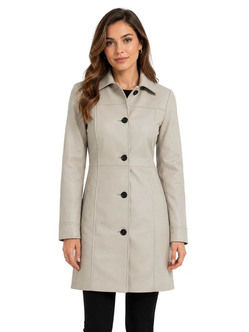 Women Long Beige Leather Coat Full