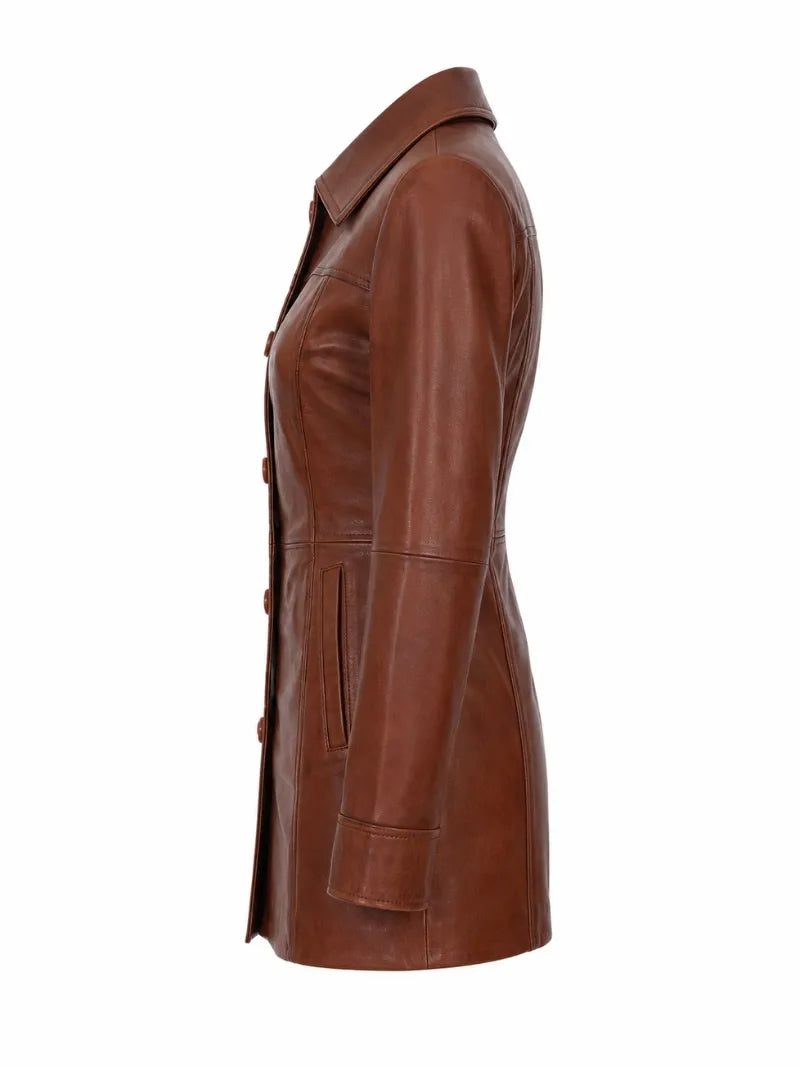 Women Long Brown Leather Trench Coat Left