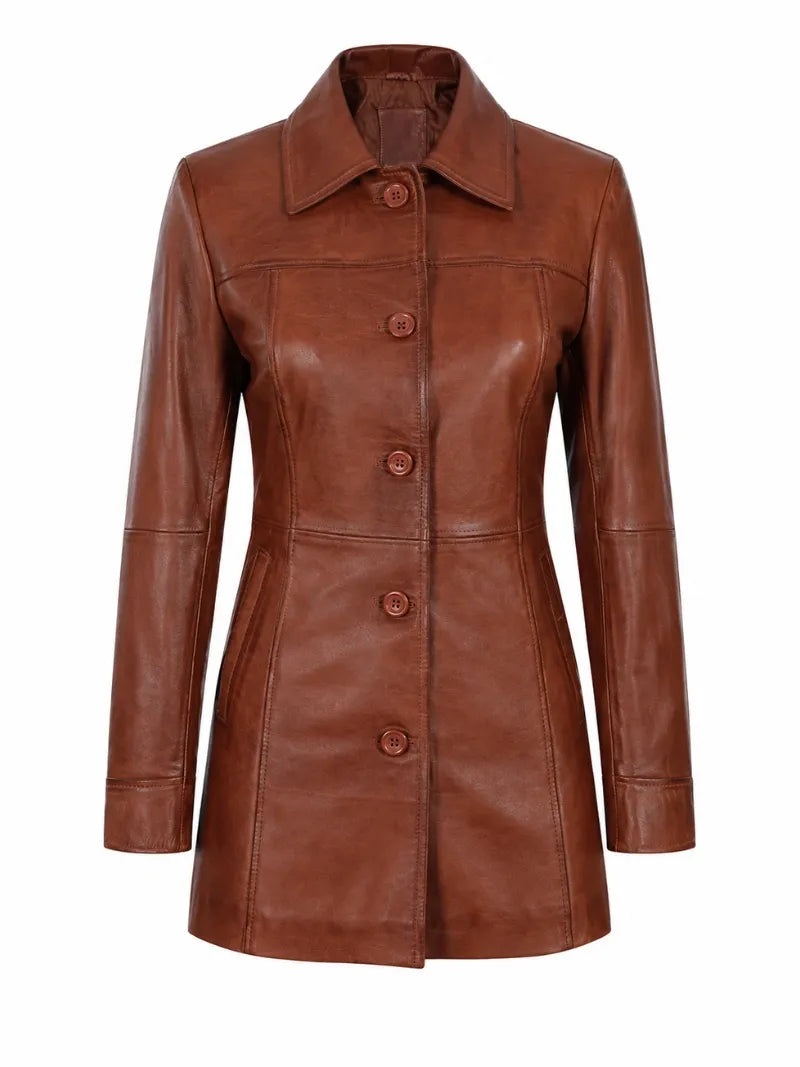 Women Long Brown Leather Trench Coat Front 