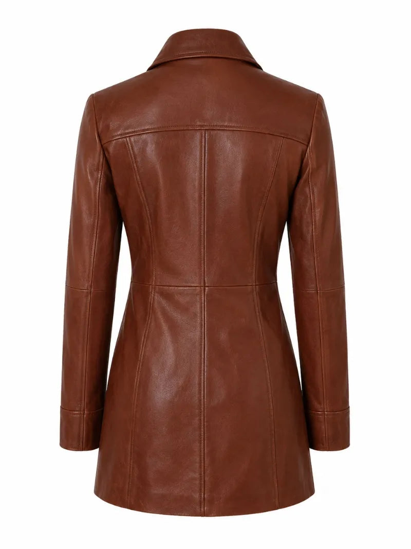 Women Long Brown Leather Trench Coat Back 