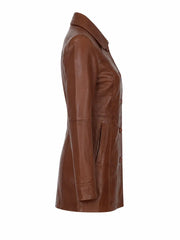 Women Long Brown Leather Trench Coat Right 