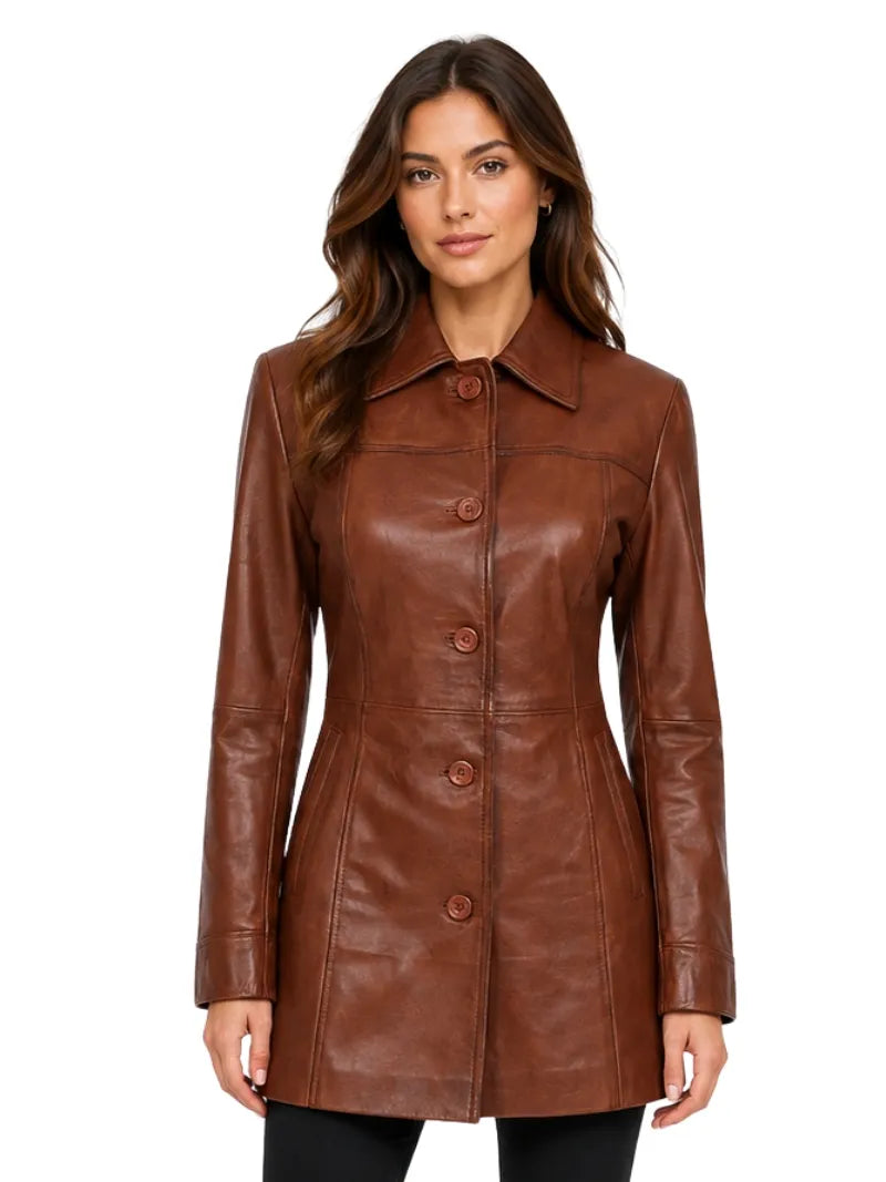 Women Long Brown Leather Trench Coat Full