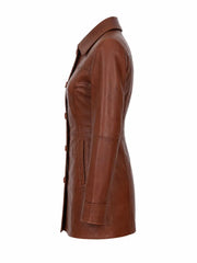 Women Long Brown Leather Trench Coat Left