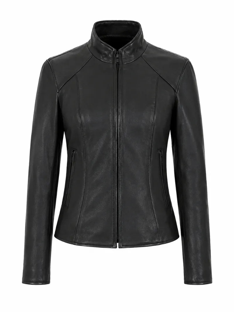 Women's Sleek Design Black Leather Jacket, front view