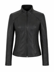 Women's Sleek Design Black Leather Jacket, front view