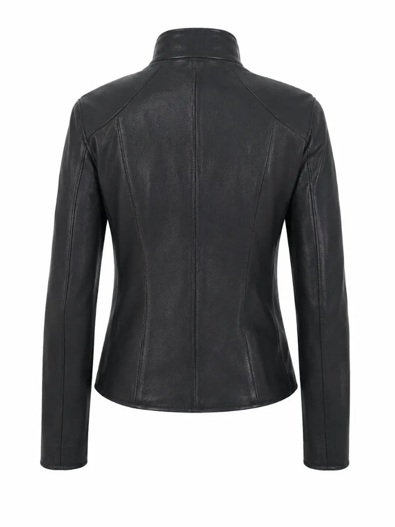 Women's Sleek Design Black Leather Jacket, back view