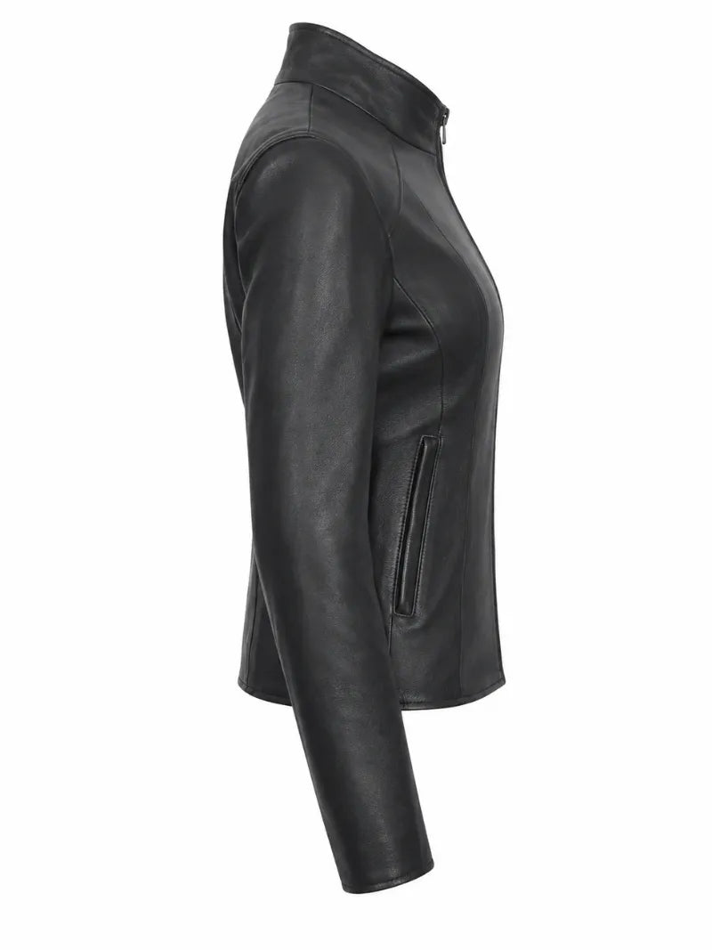 Women's Sleek Design Black Leather Jacket, side view