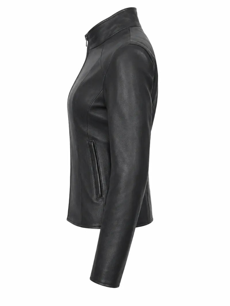 Women's Sleek Design Black Leather Jacket, collar detail