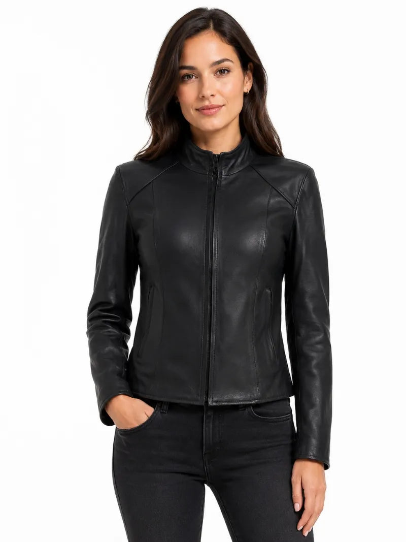 Women's Sleek Design Black Leather Jacket, closure detail
