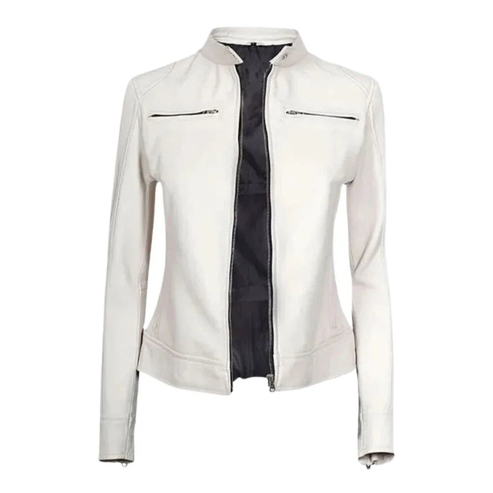 Women White Leather Jacket