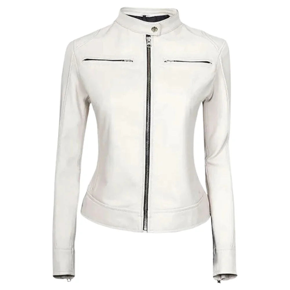 Women White Leather Jacket
