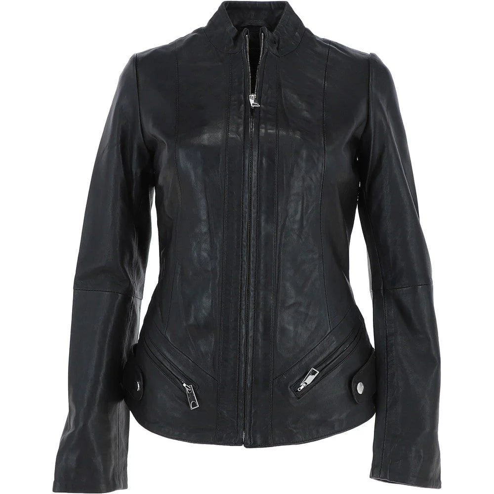 Women's Angled Zippers Black Leather Jacket
