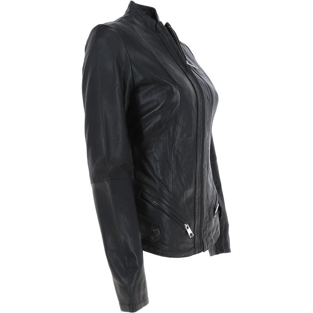 Women's Angled Zippers Black Leather Jacket