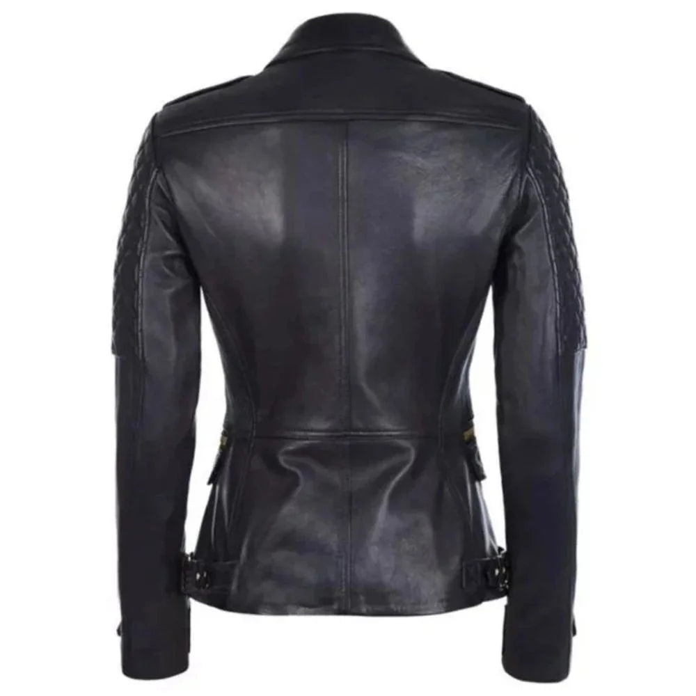 Women's Asymmetrical Quilted  Shoulder Black Leather Jacket