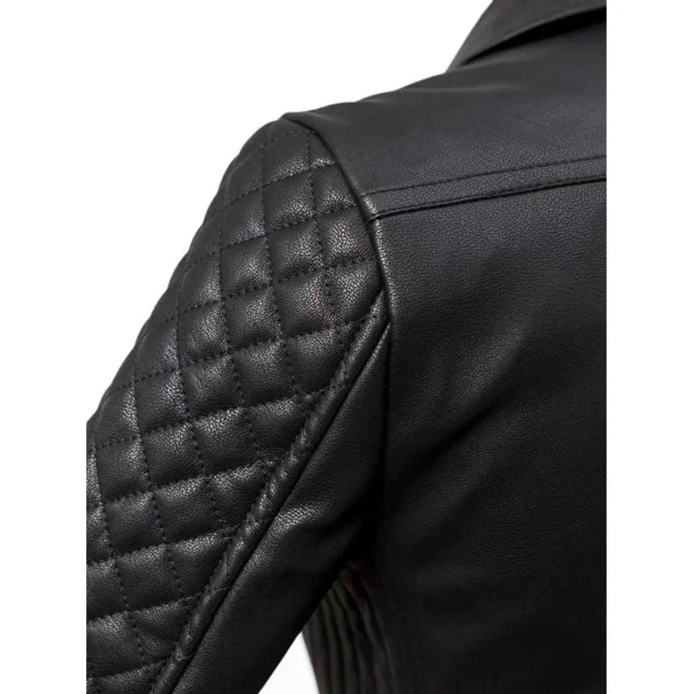 Women's Asymmetrical Quilted  Shoulder Black Leather Jacket